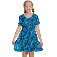 Blue Floral Pattern Texture, Floral Ornaments Texture Kids  Short Sleeve Tiered Mini Dress by nateshop