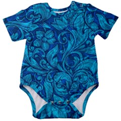 Blue Floral Pattern Texture, Floral Ornaments Texture Baby Short Sleeve Bodysuit