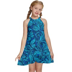 Blue Floral Pattern Texture, Floral Ornaments Texture Kids  Halter Collar Waist Tie Chiffon Dress by nateshop