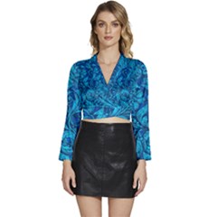 Blue Floral Pattern Texture, Floral Ornaments Texture Long Sleeve Tie Back Satin Wrap Top