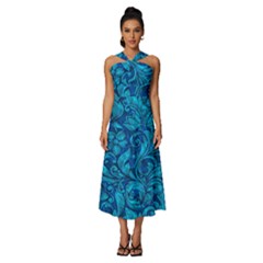 Blue Floral Pattern Texture, Floral Ornaments Texture Sleeveless Cross Front Cocktail Midi Chiffon Dress by nateshop