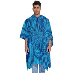 Blue Floral Pattern Texture, Floral Ornaments Texture Men s Hooded Rain Ponchos by nateshop