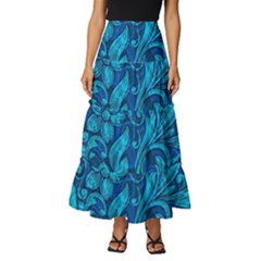 Blue Floral Pattern Texture, Floral Ornaments Texture Tiered Ruffle Maxi Skirt by nateshop