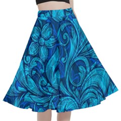 Blue Floral Pattern Texture, Floral Ornaments Texture A-line Full Circle Midi Skirt With Pocket