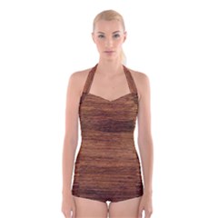 Brown Wooden Texture Boyleg Halter Swimsuit  by nateshop