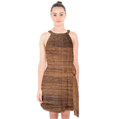 Brown Wooden Texture Halter Collar Waist Tie Chiffon Dress by nateshop