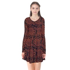 Brown Floral Pattern Floral Greek Ornaments Long Sleeve V-neck Flare Dress by nateshop