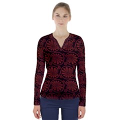 Brown Floral Pattern Floral Greek Ornaments V-neck Long Sleeve Top by nateshop