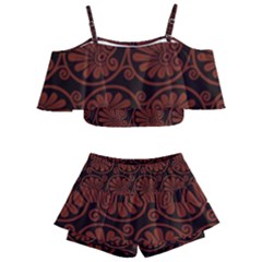 Brown Floral Pattern Floral Greek Ornaments Kids  Off Shoulder Skirt Bikini by nateshop