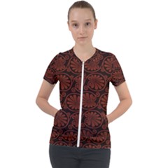 Brown Floral Pattern Floral Greek Ornaments Short Sleeve Zip Up Jacket by nateshop