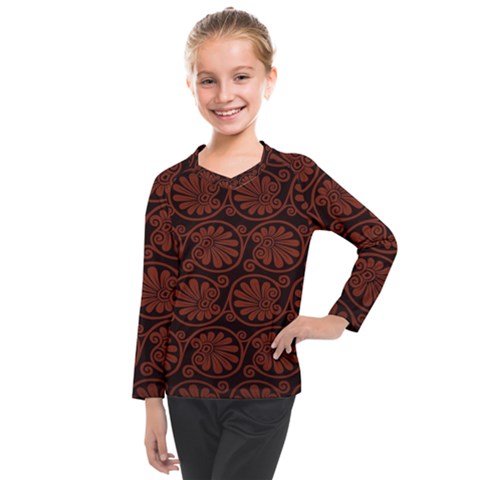 Brown Floral Pattern Floral Greek Ornaments Kids  Long Mesh T-shirt by nateshop