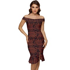 Brown Floral Pattern Floral Greek Ornaments Off Shoulder Ruffle Split Hem Bodycon Dress by nateshop