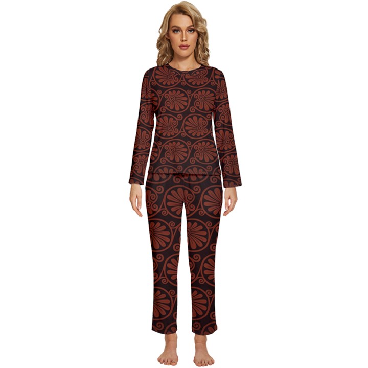 Brown Floral Pattern Floral Greek Ornaments Womens  Long Sleeve Lightweight Pajamas Set