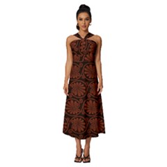 Brown Floral Pattern Floral Greek Ornaments Sleeveless Cross Front Cocktail Midi Chiffon Dress by nateshop