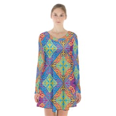 Colorful Floral Ornament, Floral Patterns Long Sleeve Velvet V-neck Dress