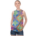 Colorful Floral Ornament, Floral Patterns High Neck Satin Top View1