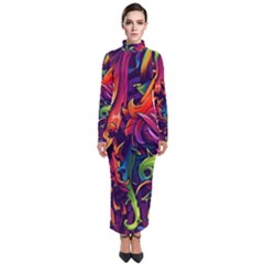 Colorful Floral Patterns, Abstract Floral Background Turtleneck Maxi Dress