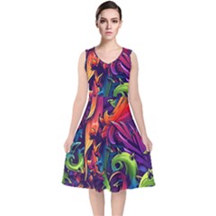 Colorful Floral Patterns, Abstract Floral Background V-Neck Midi Sleeveless Dress 