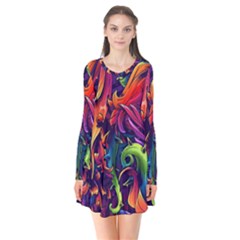 Colorful Floral Patterns, Abstract Floral Background Long Sleeve V-neck Flare Dress by nateshop