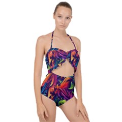 Colorful Floral Patterns, Abstract Floral Background Scallop Top Cut Out Swimsuit by nateshop