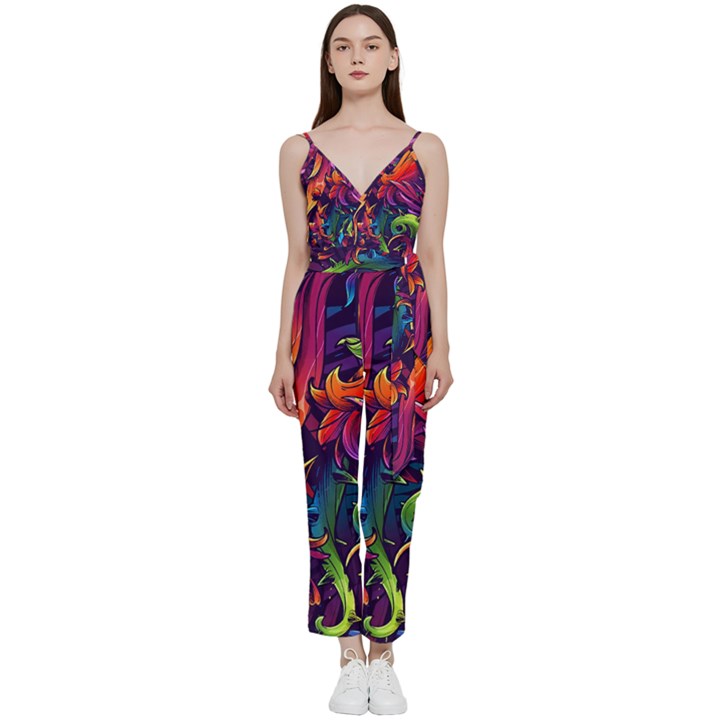 Colorful Floral Patterns, Abstract Floral Background V-Neck Camisole Jumpsuit