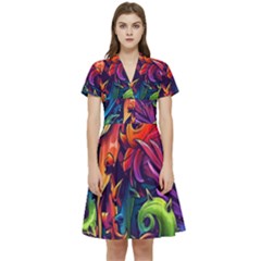 Colorful Floral Patterns, Abstract Floral Background Short Sleeve Waist Detail Dress