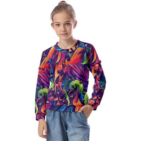 Colorful Floral Patterns, Abstract Floral Background Kids  Long Sleeve T-shirt With Frill  by nateshop