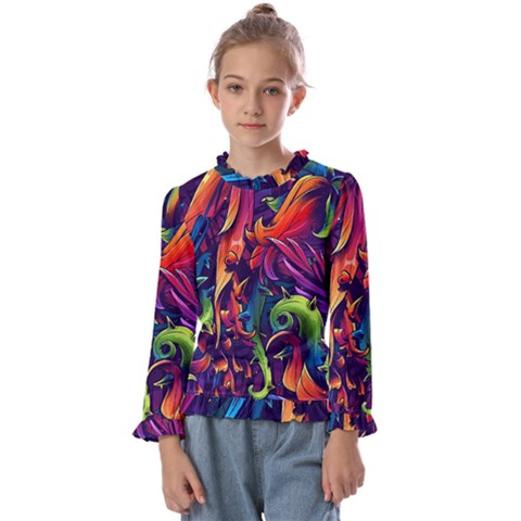 Colorful Floral Patterns, Abstract Floral Background Kids  Frill Detail T-shirt by nateshop