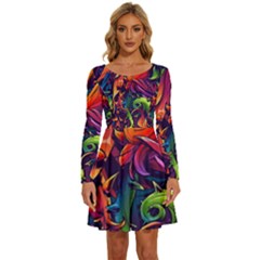 Colorful Floral Patterns, Abstract Floral Background Long Sleeve Wide Neck Velvet Dress by nateshop