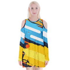 Colorful Paint Strokes Velvet Long Sleeve Shoulder Cutout Dress by nateshop