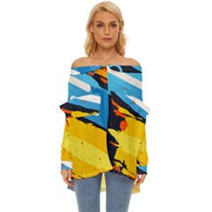 Colorful Paint Strokes Off Shoulder Chiffon Pocket Shirt by nateshop