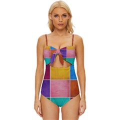 Colorful Squares, Abstract, Art, Background Knot Front One-piece Swimsuit by nateshop