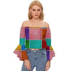 Colorful Squares, Abstract, Art, Background Off Shoulder Flutter Bell Sleeve Top