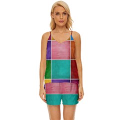 Colorful Squares, Abstract, Art, Background V-neck Satin Pajamas Set by nateshop