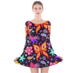 Floral Butterflies Long Sleeve Velvet Skater Dress by nateshop