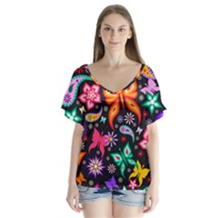 Floral Butterflies V-neck Flutter Sleeve Top by nateshop