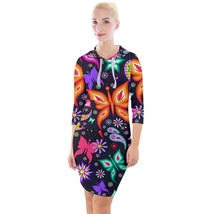 Floral Butterflies Quarter Sleeve Hood Bodycon Dress