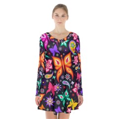 Floral Butterflies Long Sleeve Velvet V-neck Dress