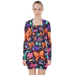 Floral Butterflies V-neck Bodycon Long Sleeve Dress by nateshop