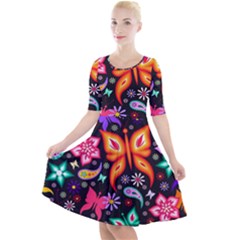 Floral Butterflies Quarter Sleeve A-line Dress by nateshop