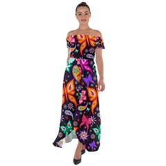 Floral Butterflies Off Shoulder Open Front Chiffon Dress by nateshop