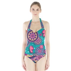 Floral Pattern, Abstract, Colorful, Flow Halter Swimsuit by nateshop