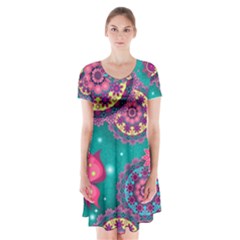 Floral Pattern, Abstract, Colorful, Flow Short Sleeve V-neck Flare Dress by nateshop