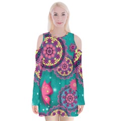 Floral Pattern, Abstract, Colorful, Flow Velvet Long Sleeve Shoulder Cutout Dress