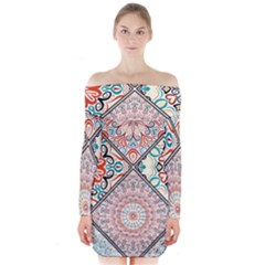 Flowers Pattern, Abstract, Art, Colorful Long Sleeve Off Shoulder Dress by nateshop