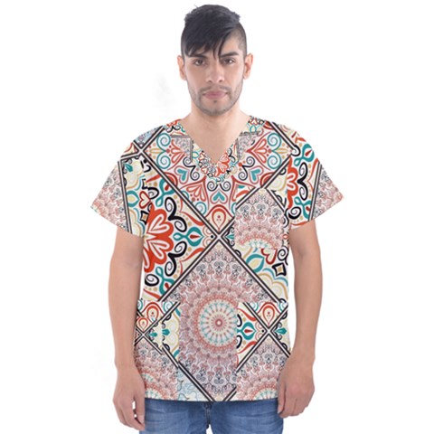 Flowers Pattern, Abstract, Art, Colorful Men s V-neck Scrub Top by nateshop