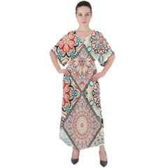 Flowers Pattern, Abstract, Art, Colorful V-neck Boho Style Maxi Dress