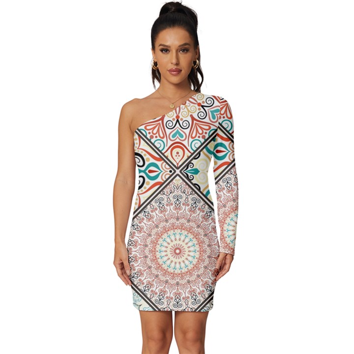 Flowers Pattern, Abstract, Art, Colorful Long Sleeve One Shoulder Mini Dress