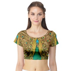 Peacock Feather Bird Peafowl Short Sleeve Crop Top by Cemarart