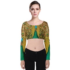 Peacock Feather Bird Peafowl Velvet Long Sleeve Crop Top by Cemarart